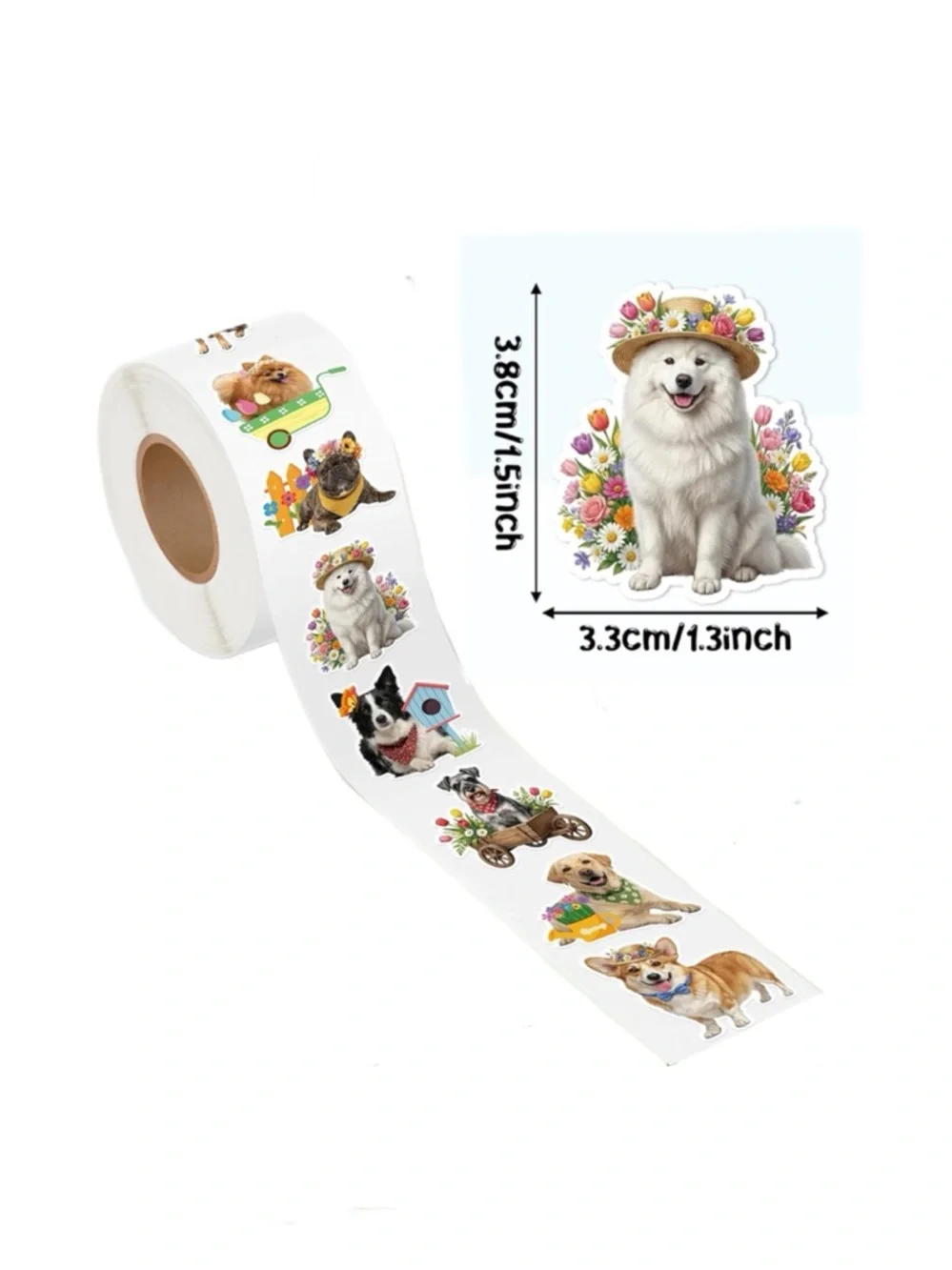 Roll of 500 Cute Spring Dog Sticker Roll - Colorful Puppy Designs